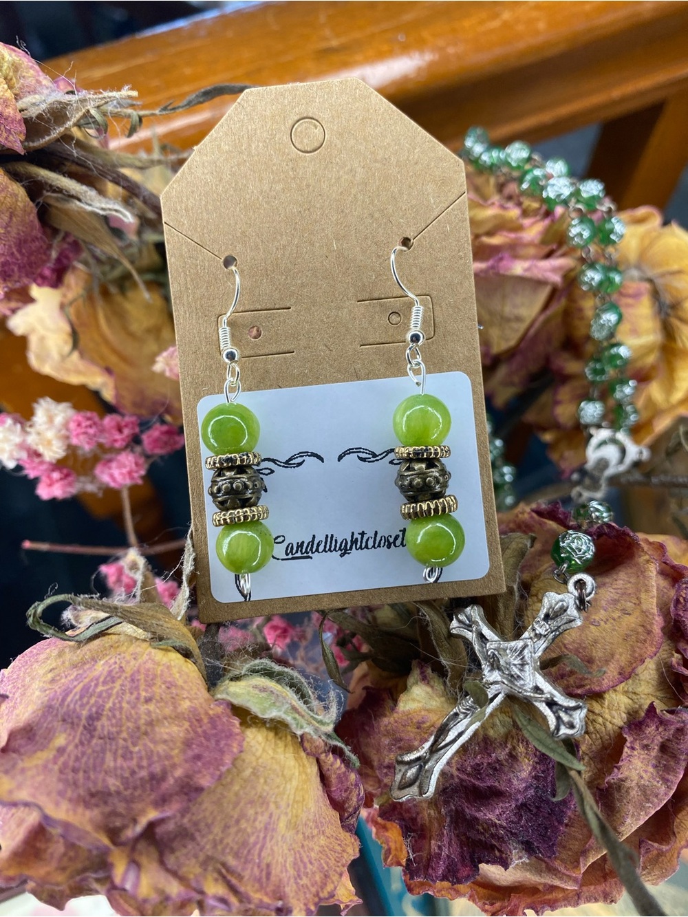 Bright Green Bead Drop Earrings with Gold Accents